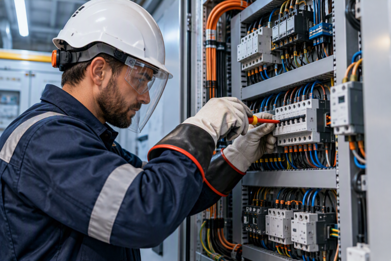 Addetto ai lavori elettrici in bassa tensione con DPI su quadro elettrico